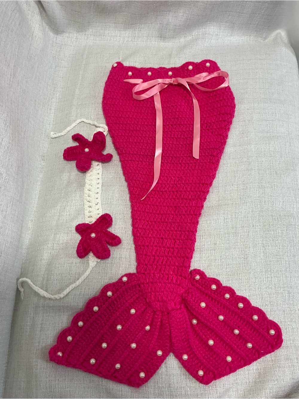 Handmade Crochet Mermaid Tail & Starfish Top Set Hot Pink 0-6 Months